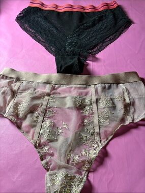 Victoria's Secret Black Lace & Gold Embroidered Sheer Panty Set High Waist.